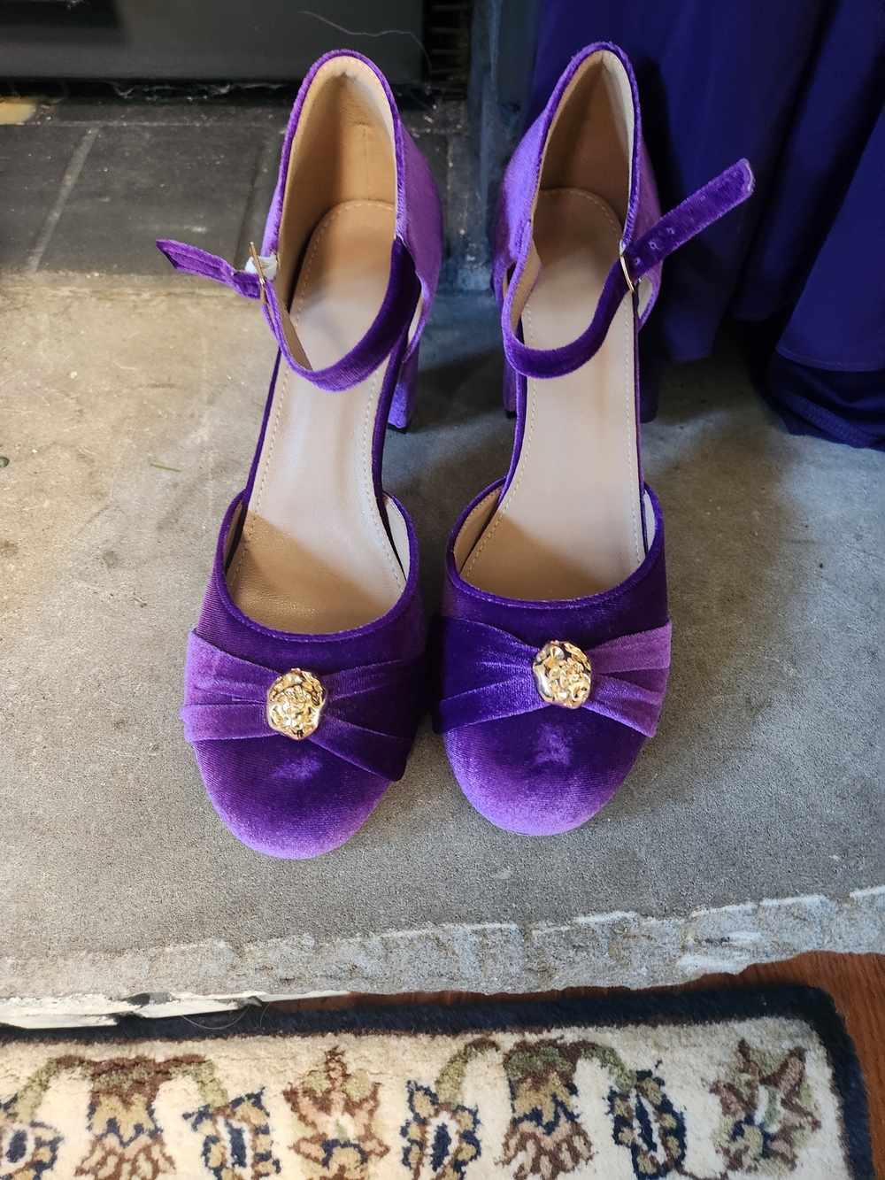 SHEIN Purple Velvet Ankle-Strap Block Heels with Gold Medallion